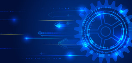 Science concept, lines, arrows and gear mechanism. Abstract high-tech communication for presentation or banner. Sci-fi blue background with different technological elements.のイラスト素材