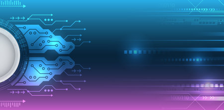 Abstract blue high tech background consisting of printed circuit board circle and other technological elements. Digital communication, data protection, futuristic presentation, science cover.のイラスト素材