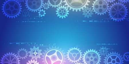 The mechanism consisting of gears on a blue background for the presentation. Cogwheel for science experiment presentation. Futuristic high tech concept. Business and industry internet banner.のイラスト素材
