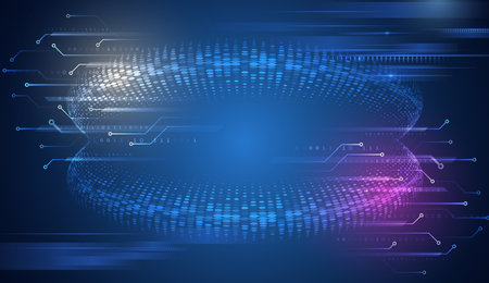 Hi-tech computer digital technology concept. Wide Blue background with various technological elements. Abstract technology communication, vector illustration. Futuristic design for presentation.のイラスト素材