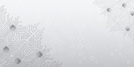Wide gray background with various technological elements. Abstract technology communication, vector illustration. Futuristic presentation, banner. Hi-tech computer digital technology concept.のイラスト素材