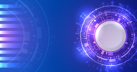 Blue futuristic background consists of circles and other technological elements. Digital communication, data protection, high tech presentation, scientific cover.のイラスト素材