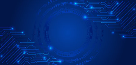 Abstract global sci fi concept. Digital internet communication on blue background. Wide Cyber security internet and networking concept. Hi-tech vector illustration with various technology elements.のイラスト素材