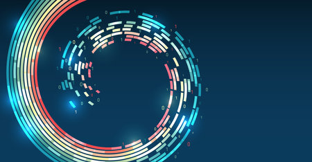 Large data stream on a dark background, glowing lines and circles. Data set analysis and visualization. Artificial intelligence, business analytics. An array of information in the form of a disk.のイラスト素材