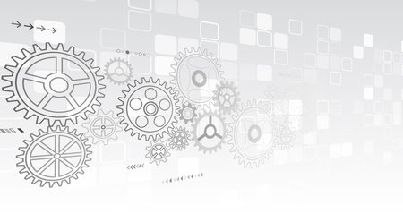 Sci-fi gray background with different technological elements. Science concept, lines, arrows and gear mechanism. Abstract high-tech communication for presentation or banner.のイラスト素材