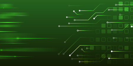 Abstract green futuristic background consisting of printed circuit board squares and other technological elements. Digital communication, data protection, high tech presentation, science cover.のイラスト素材