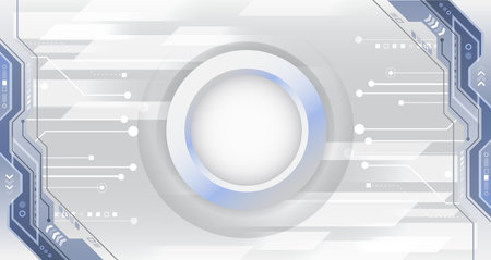 Hi-tech gray background with various technology elements. Vector illustration of circuit board and circles. Abstract futuristic communication.のイラスト素材