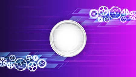 Cogwheel for science experiment presentation. Mechanical engineering concept. Business and industry internet banner. The mechanism consisting of gears on a purple background for the presentation.のイラスト素材