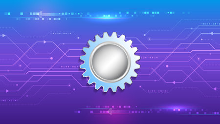 Cogwheel for science experiment presentation. Mechanical engineering concept. Business and industry internet banner. The mechanism consisting of gears on a purple background for the presentation.のイラスト素材