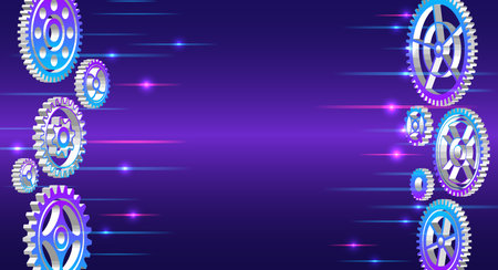 The mechanism consisting of gears on a blue background for the presentation. Cogwheel for science experiment presentation. Mechanical engineering concept. Business and industry internet banner.のイラスト素材