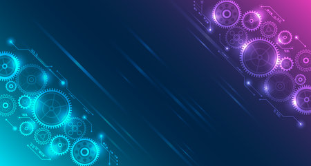 Business and industry internet banner. The mechanism consisting of gears on a purple background for the presentation. Cogwheel for science experiment presentation. Mechanical engineering concept.のイラスト素材