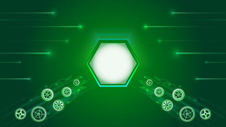 Mechanical engineering concept. Business and industry internet banner. The mechanism consisting of gears on a green background for the presentation. Cogwheel for science experiment presentation.のイラスト素材
