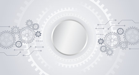 Mechanical engineering concept. Business and industry internet banner. The mechanism consisting of gears on a gray background for the presentation. Cogwheel for science experiment presentation.のイラスト素材