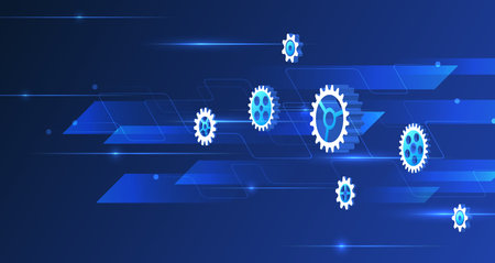 Business and industry internet banner. The mechanism consisting of gears on a blue background for the presentation. Cogwheel for science experiment presentation. Mechanical engineering concept.のイラスト素材