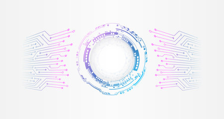 Vector illustration of circuit board and circles. Abstract futuristic communication. Hi-tech gray background with various technology elements.のイラスト素材