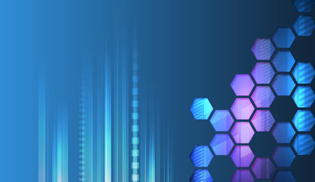 Abstract hexagons on the blue background. Hi-tech digital technology and engineering concept. Digital template with polygons for medical and science banners or presentations.のイラスト素材