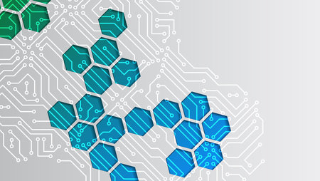 Gray background with various technological elements. Hi-tech computer digital technology concept....