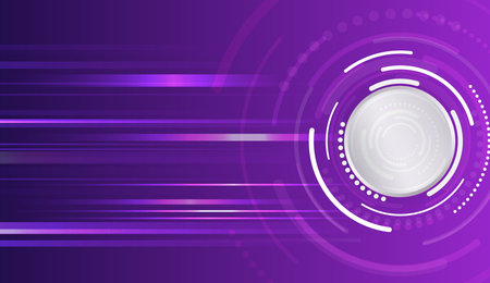 Hi-tech computer digital technology concept. Wide purple background with various technological elements. Abstract circle and circuit board technology communication, vector illustration.のイラスト素材