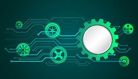 Business and industry internet banner. The mechanism consisting of gears on a green background for the presentation. Cogwheel for science experiment presentation. Futuristic high tech concept.のイラスト素材