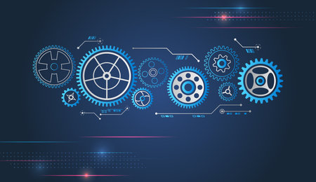 Cogwheels and lines for scientific experiment presentation. Futuristic high tech concept. Business and industry internet banner. Gear mechanism on blue background for presentation.のイラスト素材