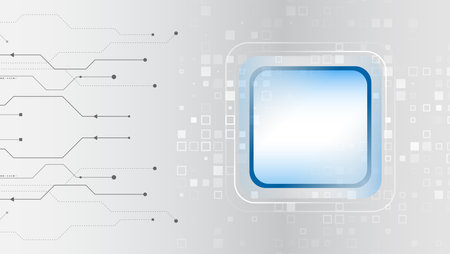 Vector illustration of printed circuit board and squares. Abstract futuristic communication. High-tech gray background with various technological elements. For web presentation and banner.のイラスト素材