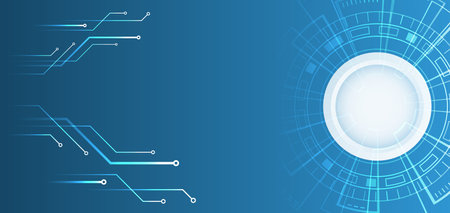 Hi-tech computer digital technology concept. Wide Blue background with various technological elements. Abstract circle technology communication, vector illustration. Futuristic design for presentationのイラスト素材