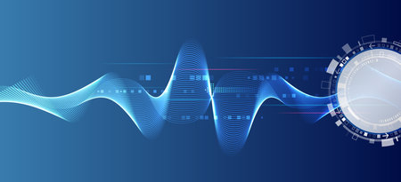 High tech digital computer technology concept. Wide blue background with wave and circle, difference technological elements. Abstract circular communication technology, vector illustration.のイラスト素材