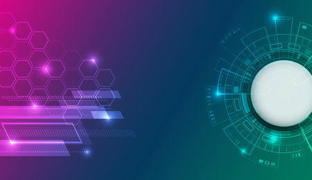 Electronic vector illustration. Abstract modern digital science technology futuristic circuit board. Design for presentation. Cyber connection on the blue background. Hi-tech communication design.のイラスト素材