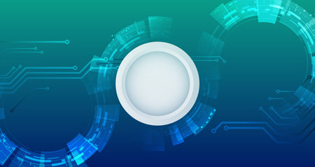 Wide Blue background with various technological elements. Abstract circle technology communication, vector illustration. Futuristic design for presentation. Hi-tech computer digital technology concept.のイラスト素材