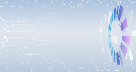 Vector illustration of circuit board and circles and lines. Abstract futuristic communication. Hi-tech gray background with various technology elements.のイラスト素材