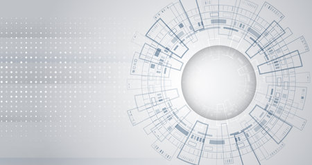 Internet communications, big data, digital technologies. High tech banner. Technological geometric background consisting of circles on a gray background.のイラスト素材