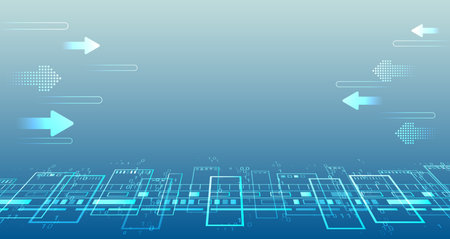 Vector illustration for banner or presentation on technology, science and medicine. Modern technological design. Abstract high-tech background with arrows and glowing lines. Data transferのイラスト素材