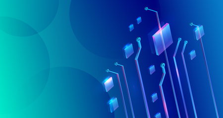 Futuristic technology background with glowing circuit elements and 3D blocks on a blue gradient. Abstract digital concept design perfect for tech, innovation, and electronic themes. High tech concept.のイラスト素材