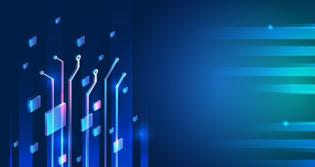 Futuristic technology background with glowing circuit elements and 3D blocks on a blue gradient. Abstract digital concept design perfect for tech, innovation, and electronic themes. High tech concept.のイラスト素材