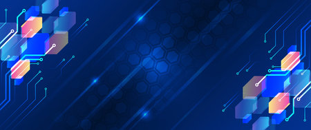 Futuristic abstract background with glowing hexagons, neon lines, and dotted patterns on a gradient blue-purple backdrop. Ideal for tech, innovation, and digital themesのイラスト素材