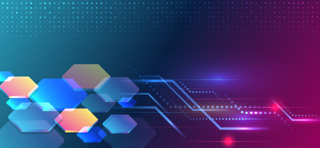 Futuristic abstract background with glowing hexagons, neon lines, and dotted patterns on a gradient blue-purple backdrop. Ideal for tech, innovation, and digital themesのイラスト素材