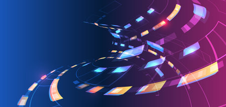 Dynamic abstract background with neon curved elements and digital motion effects. Perfect for high-tech, futuristic and digital interface themes.のイラスト素材