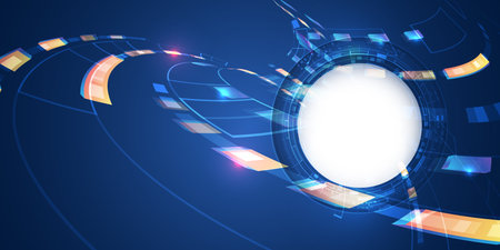 Perfect for high-tech, futuristic and digital interface themes. Dynamic abstract background with neon curved elements and digital motion effects.のイラスト素材