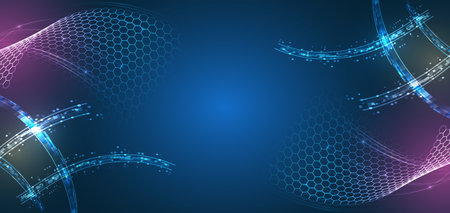 High computer technology design. Modern science vector presentation. Abstract hexagons and waves futuristic concept. Data transfer and protection, internet communication on a blue background.のイラスト素材