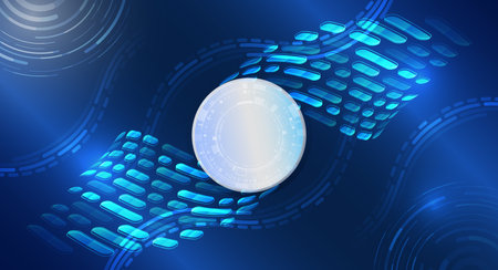 Dark blue background with digital patterns and light effects. For high-tech presentations. Dynamic digital wave elements of pink, blue and purple lines create a sense of movement and modern technologyのイラスト素材