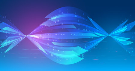 Abstract technology background with glowing blue lines and binary code on a dark gradient. Concept of data transmission, innovation, and digital communication.のイラスト素材