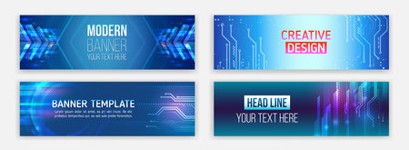A set of futuristic technology banners with circuit board patterns, glowing arrows. Ideal for innovation-themed websites, tech businesses, digital marketing and IT presentations.のイラスト素材