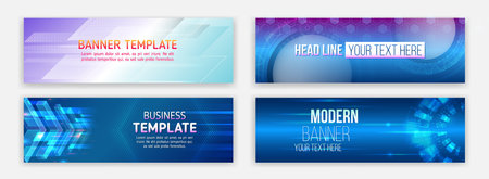 A set of modern digital banner templates featuring abstract geometric shapes, futuristic elements, arrows and hexagon patterns. Suitable for presentations, technology, innovation and IT.のイラスト素材