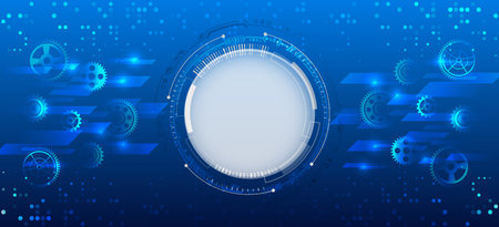 Abstract technology background with gears and mechanical elements on a blue gradient background. This futuristic design symbolizes automation, innovation, engineering and industrial technology.のイラスト素材