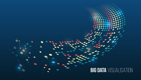 Digital data analysis, information technology and modern methods of information processing. Abstract visualization of big data in the form of a wave-like flow of colored dots on a dark blue backgroundのイラスト素材