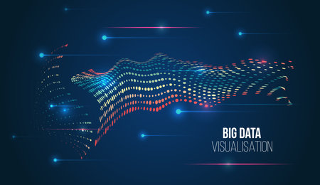 Abstract information flow, digital transformation, data analysis, high-tech analytical concept. Modern big data visualization with wave of colored dots and binary code on dark blue background.のイラスト素材