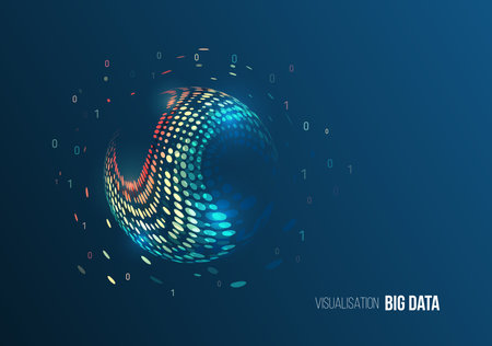 Data analysis and visual representation of information flows in the modern information environment. Abstract big data visualization with a circular wave of colored dots on a dark blue background.のイラスト素材