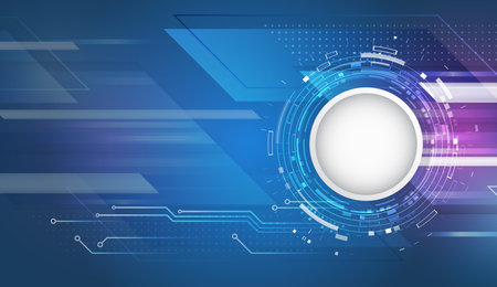 Modern tech background with circle element, circuit lines and light effects. Abstract design for digital and IT concepts, innovations and high technologies. Can be used for presentation and banner.のイラスト素材