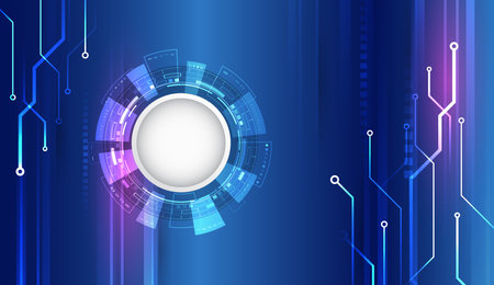 Futuristic technology background with a round digital panel and light stripes on a blue background. Ideal for high technology, innovation and digital solutions. Cybersecurity presentationsのイラスト素材