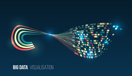 Information processing, machine learning and artificial intelligence technologies. Abstract illustration of big data visualization, made as a wave of bright colored stripes.のイラスト素材
